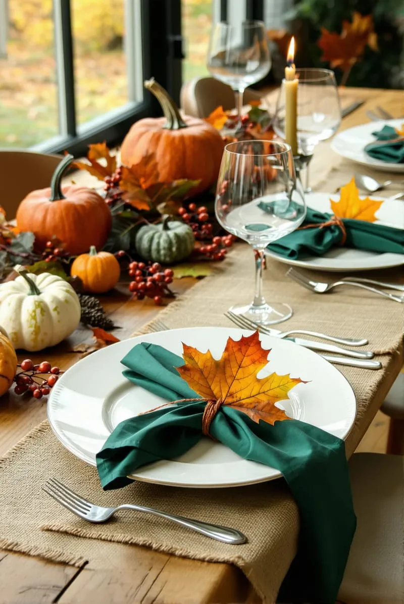 forest green napkins tied with copper wire and maple leaves 1 forest green napkins tied with copper wire and maple leaves 1