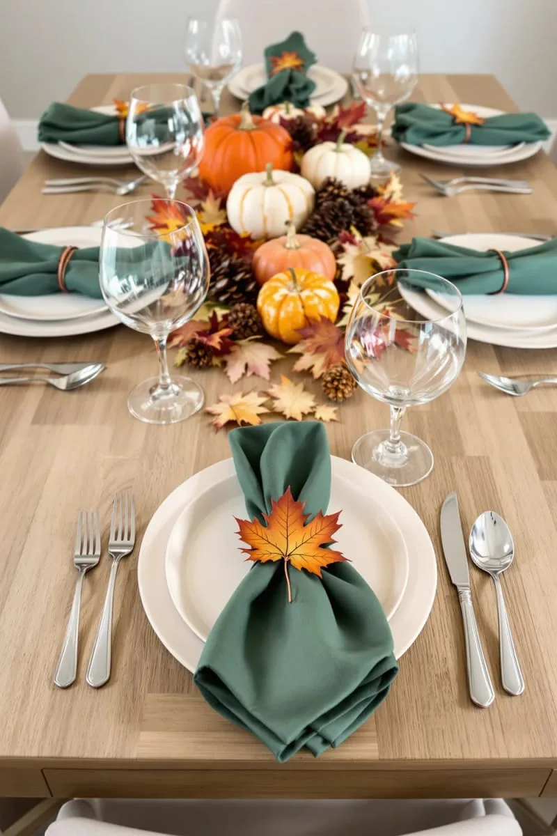forest green napkins tied with copper wire and maple leaves 1 forest green napkins tied with copper wire and maple leaves 1