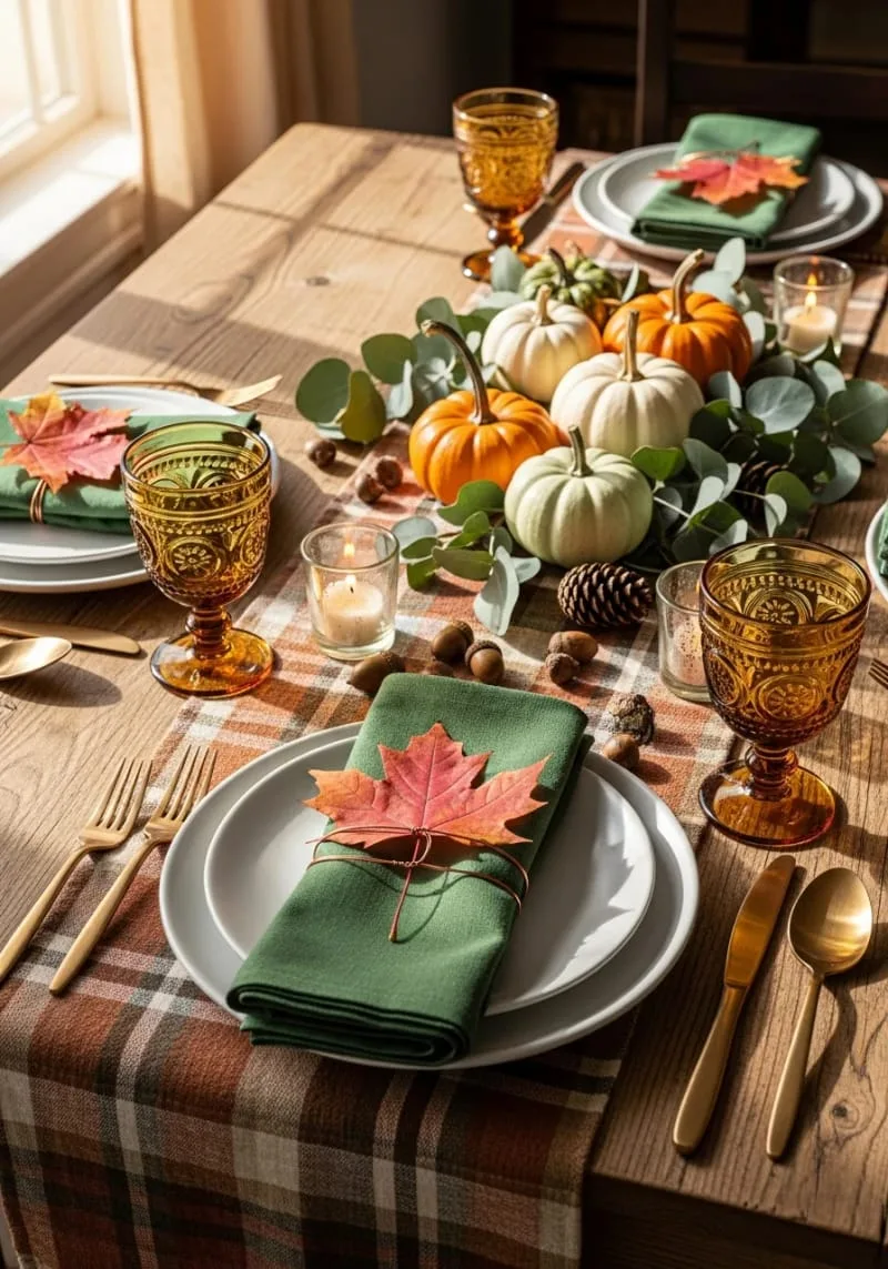 forest green napkins tied with copper wire and maple leaves 1 forest green napkins tied with copper wire and maple leaves 1