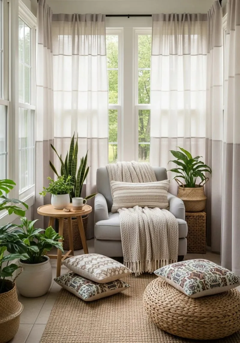 19 Small Sunroom Ideas to Brighten Small Spaces 80 four season sunroom using layered curtains and cozy throws 1
