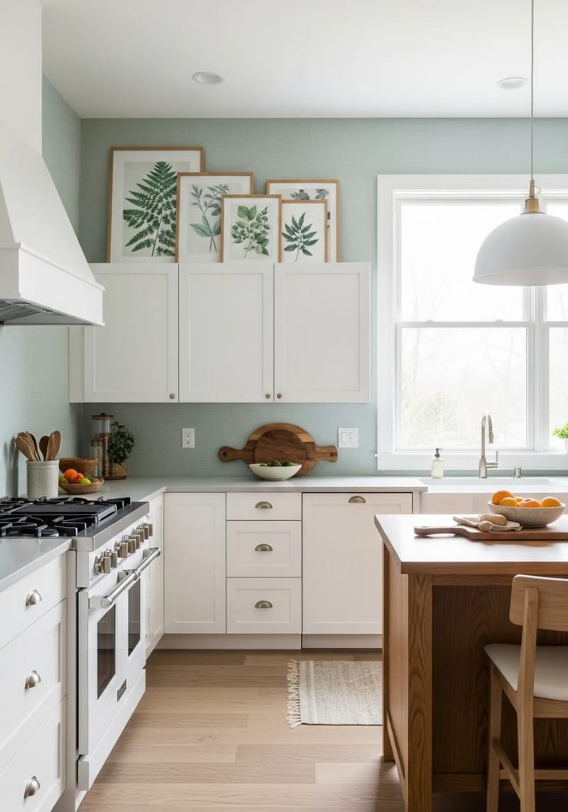 framed botanical prints leaning casually against the wall above cabinets 1