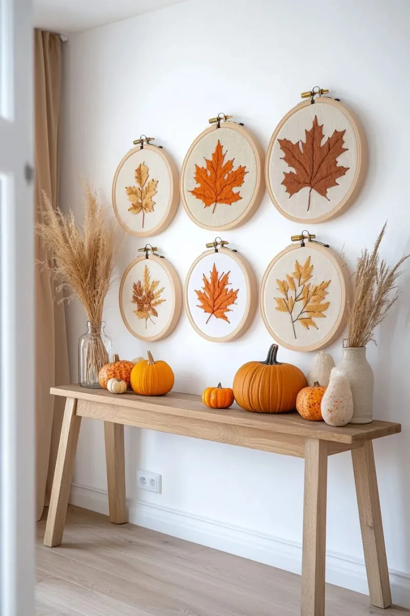 framed embroidery hoop art with autumn-inspired fabrics 1