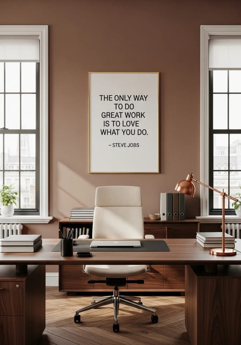 framed motivational quote art as a bold focal point above the workspace 1