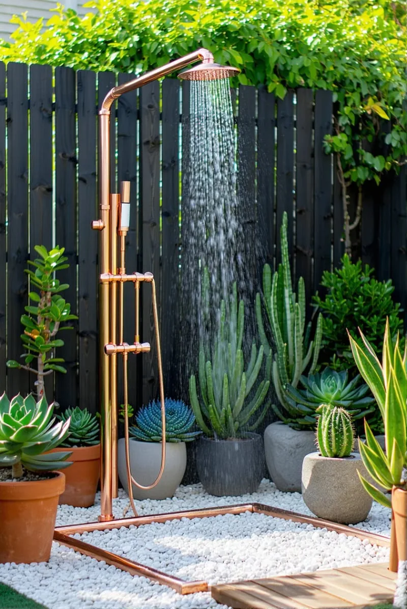freestanding copper pipe shower surrounded by potted succulents and gravel 1