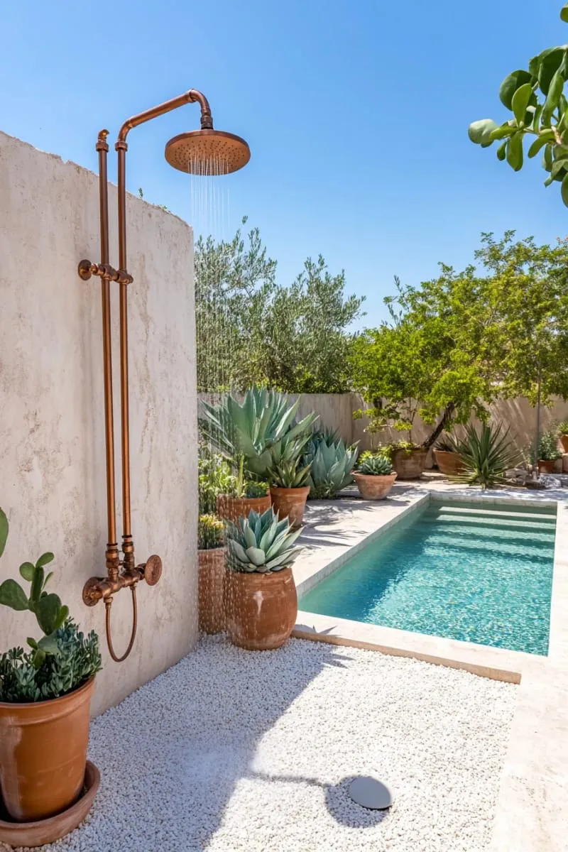 freestanding copper pipe shower surrounded by potted succulents and gravel 1
