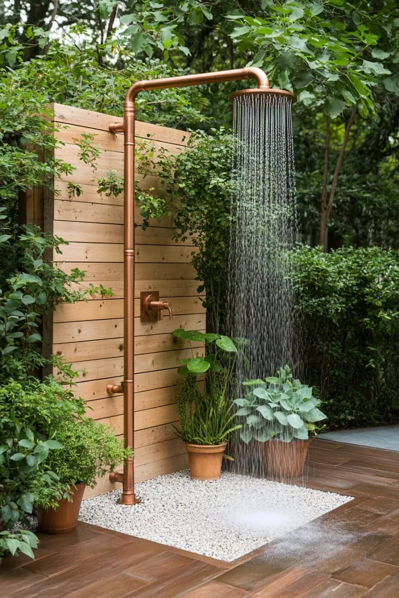 freestanding copper pipe shower surrounded by potted succulents and gravel 1