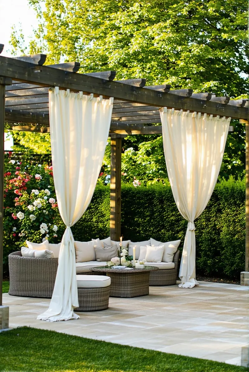 27 Unique Backyard Privacy Designs for A Serene Outdoor Oasis 16 freestanding outdoor curtains draped between pergola posts 1