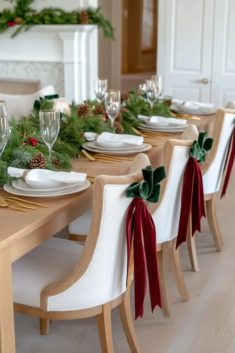31 Trendy Christmas Decor Ideas for a Magical Home 77 fresh greenery swags on the backs of dining chairs 1