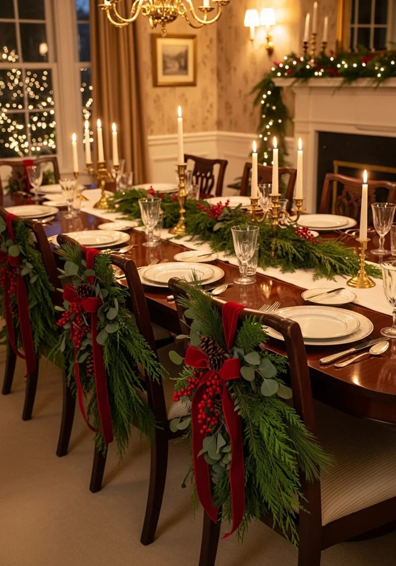 fresh greenery swags on the backs of dining chairs 1