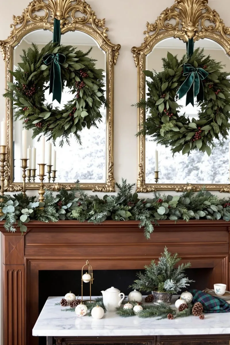 fresh greenery wreaths with velvet ribbon on antique mirrors 1