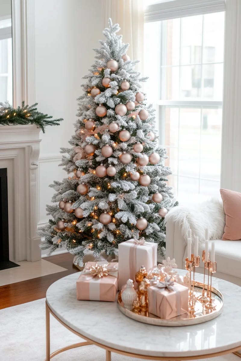 frosted tree with champagne and blush ornaments for a chic look 1