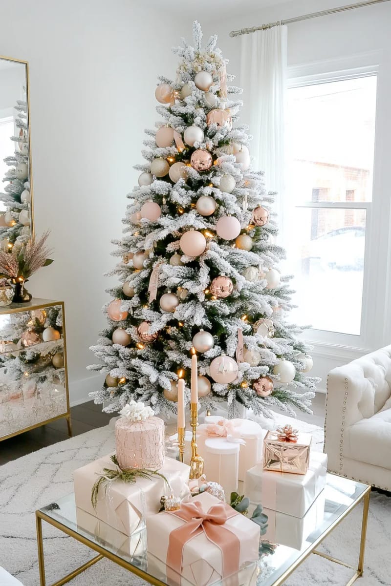 frosted tree with champagne and blush ornaments for a chic look 1