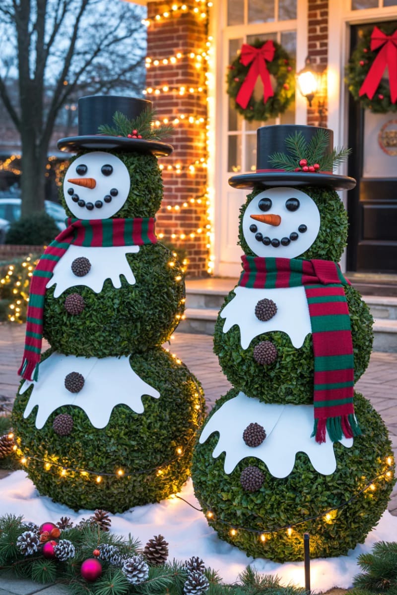 31 Outdoor Christmas Decorations: Ideas for a Magical Welcome 30 frosty topiary snowmen with scarves and hats at the entrance 1