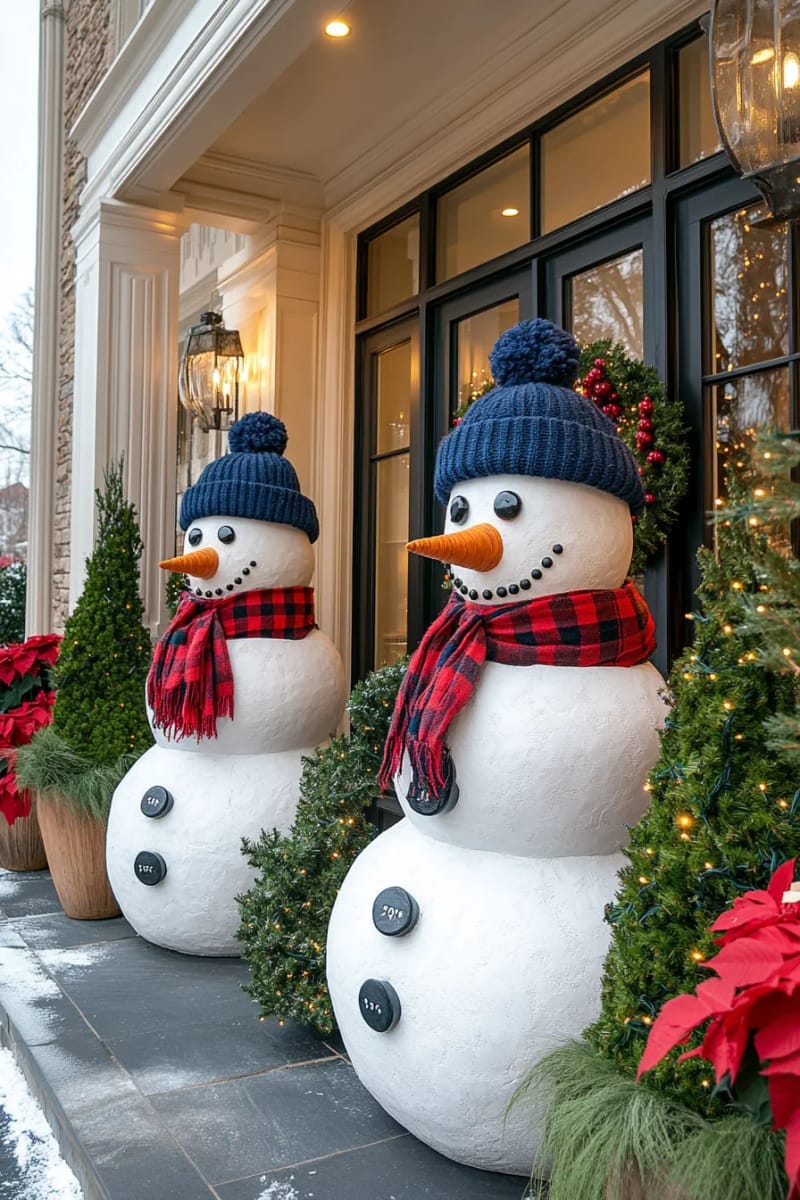 31 Outdoor Christmas Decorations: Ideas for a Magical Welcome 31 frosty topiary snowmen with scarves and hats at the entrance 1