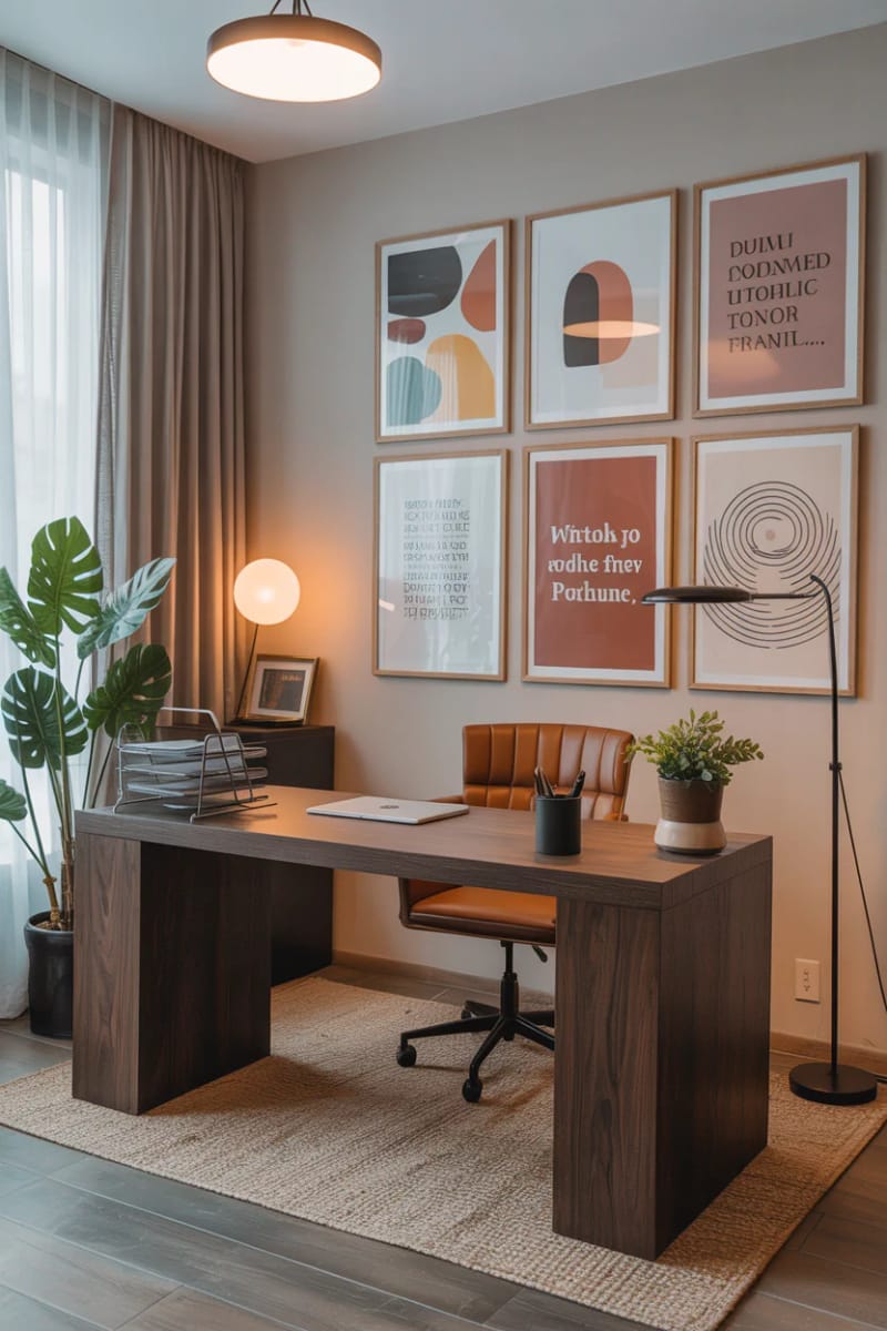 gallery wall combining abstract art and motivational framed prints 1