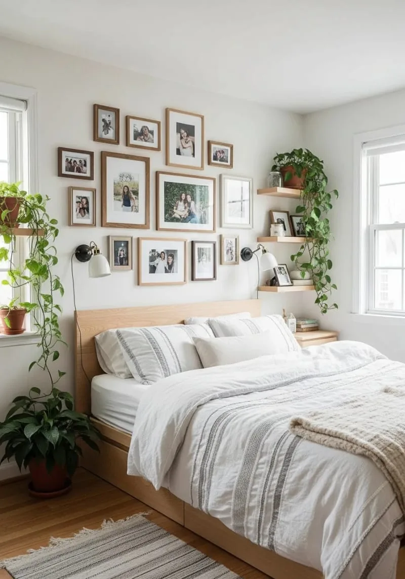 gallery wall of mismatched frames with personal photos in a cozy bedroom 1