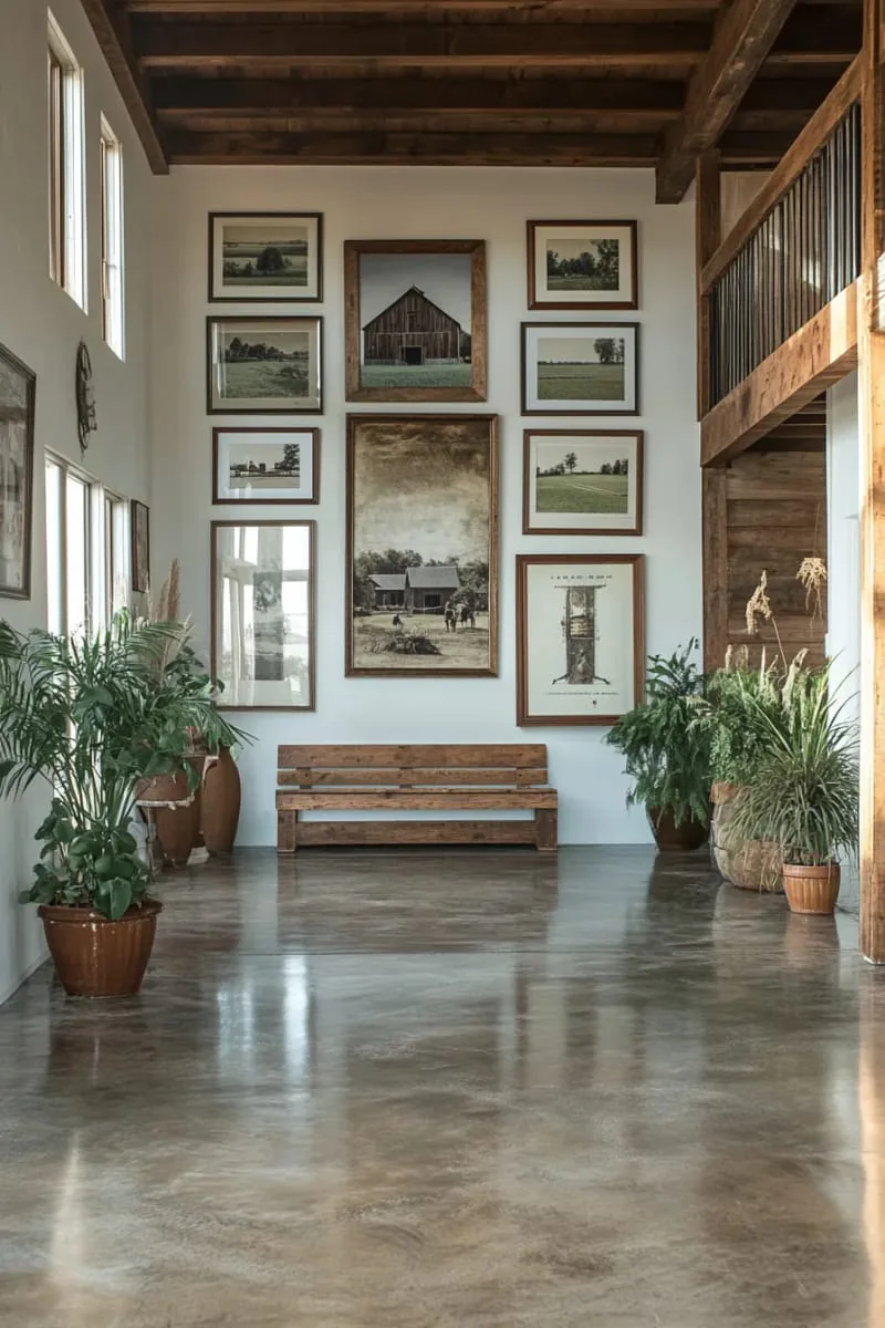 29 Unique Barndominium Interiors For Your Next Makeover 62 gallery wall of vintage rural photography in the main hallway 1