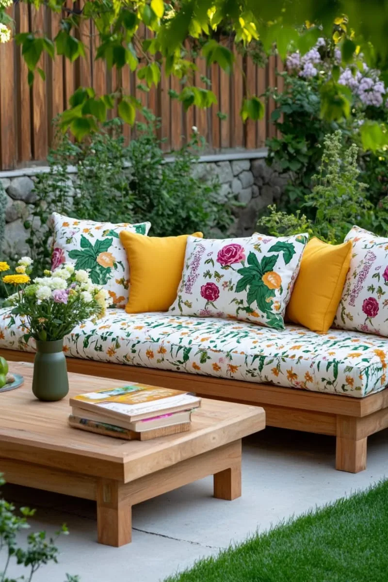 garden-inspired lounge with wooden benches and floral cushions 1