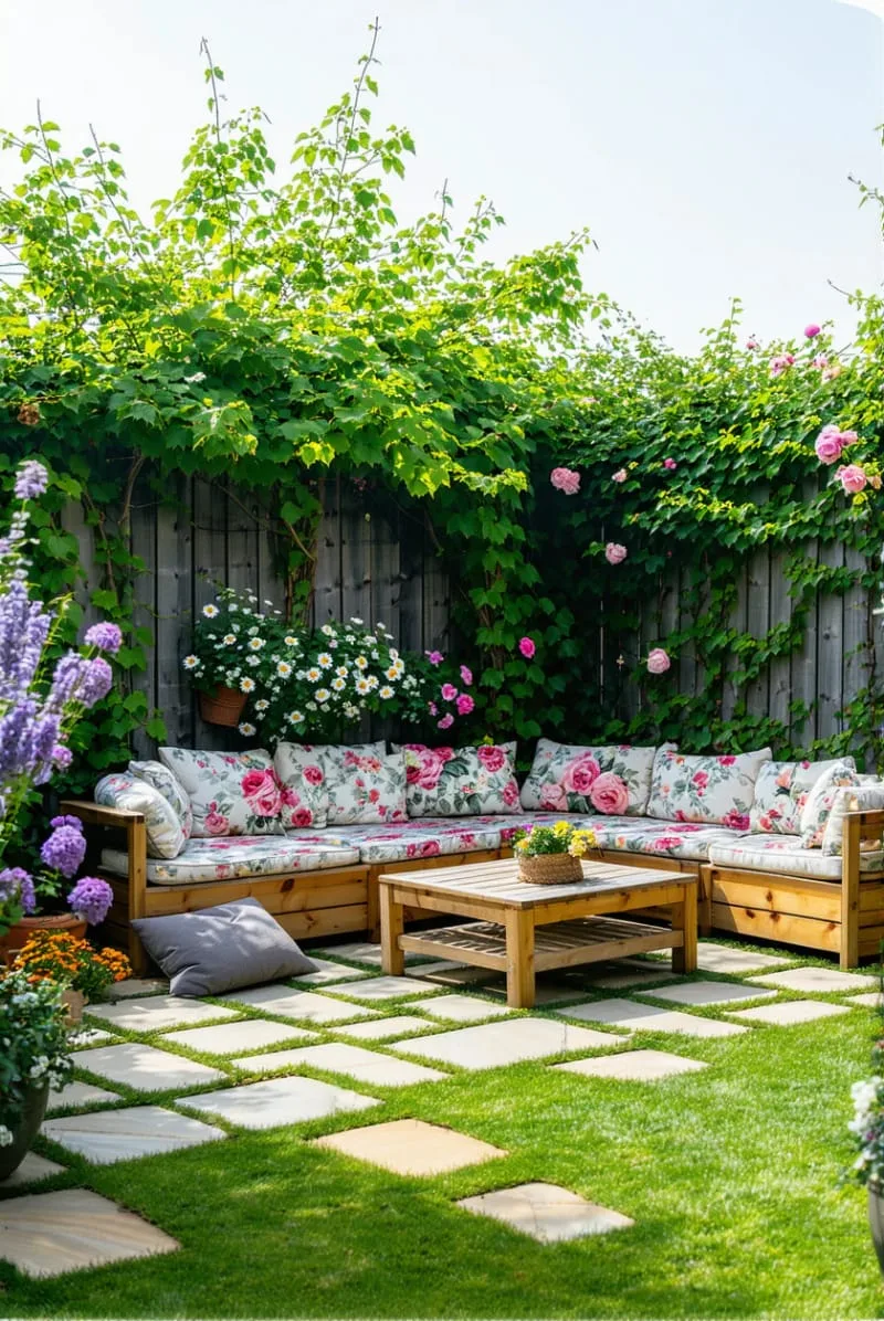 garden-inspired lounge with wooden benches and floral cushions 1