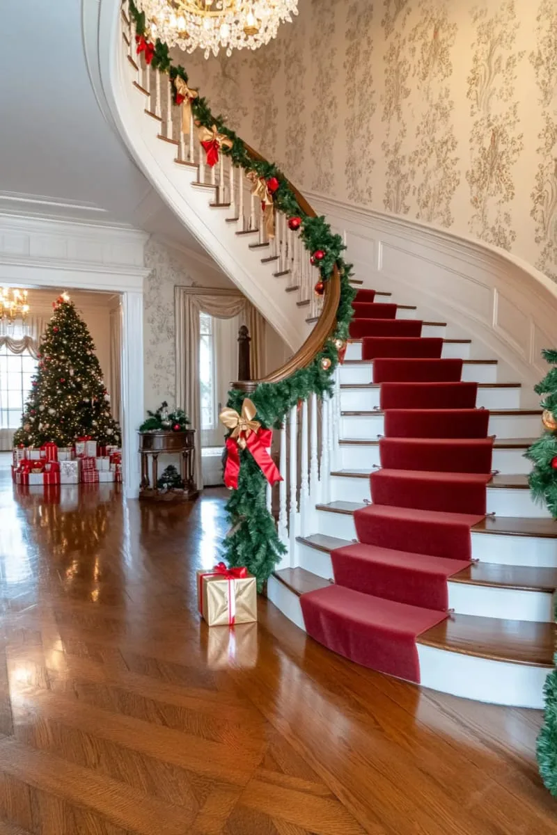 garland-wrapped banister with twinkling fairy lights and satin bows 1