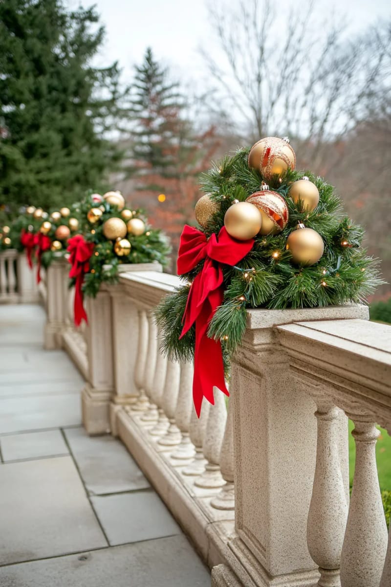 31 Outdoor Christmas Decorations: Ideas for a Magical Welcome 72 garland-wrapped pillars with gold baubles and red bows 1