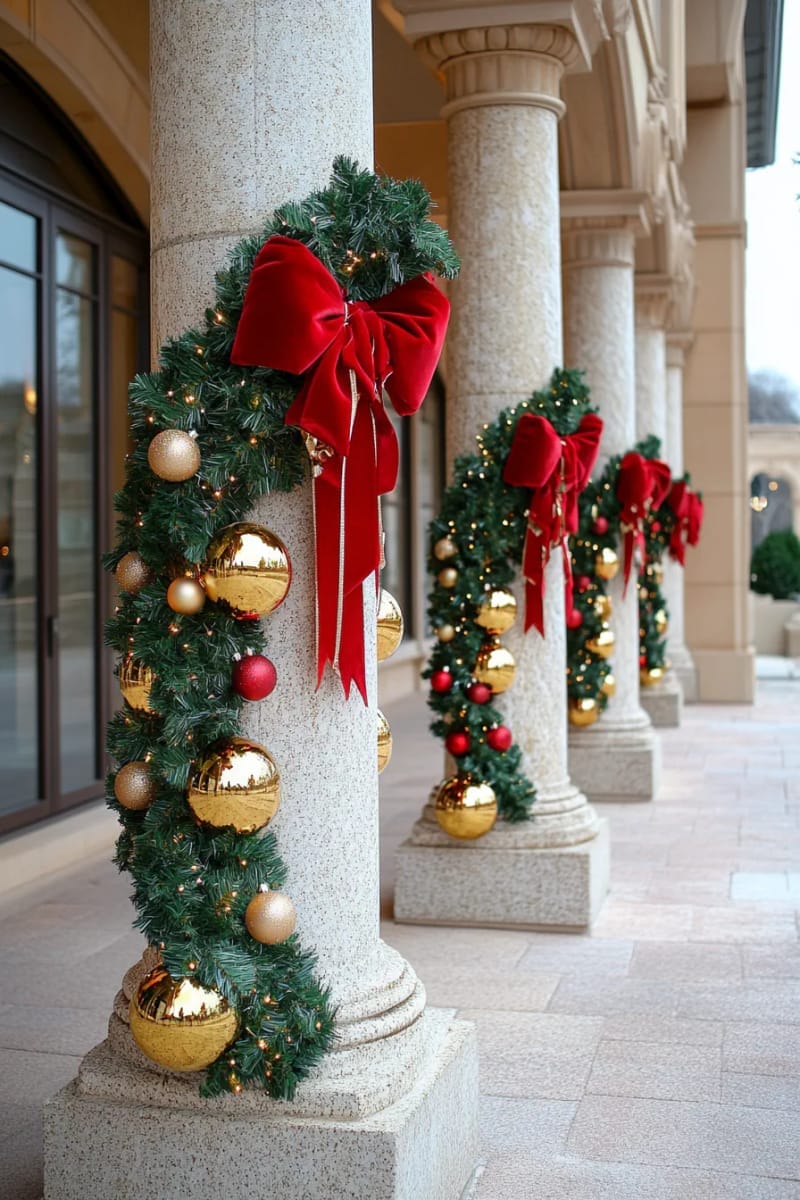 31 Outdoor Christmas Decorations: Ideas for a Magical Welcome 73 garland-wrapped pillars with gold baubles and red bows 1