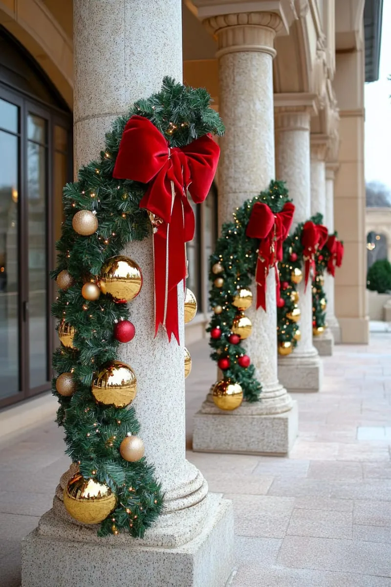 garland-wrapped pillars with gold baubles and red bows 1