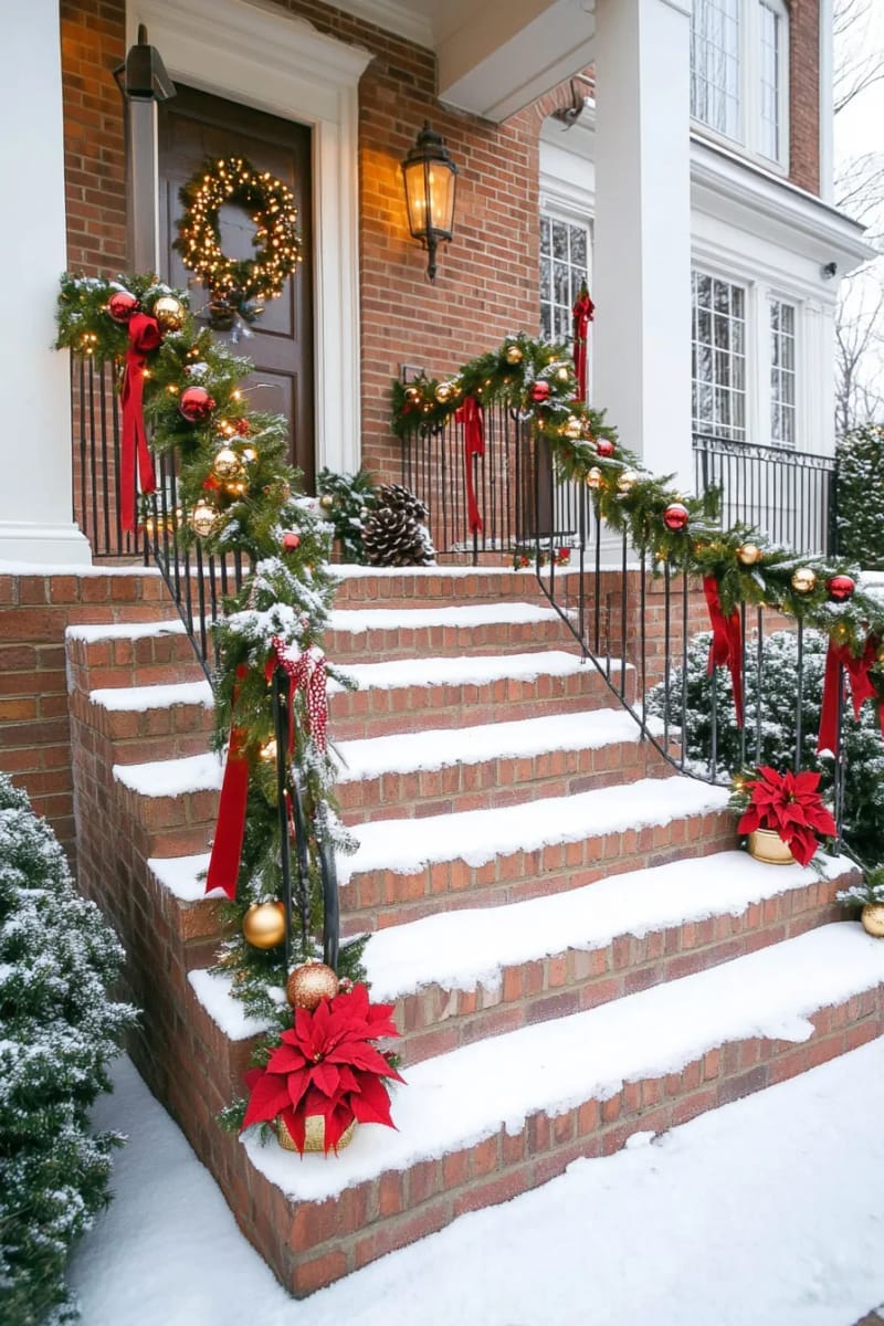 31 Outdoor Christmas Decorations: Ideas for a Magical Welcome 18 garland-wrapped railings with classic red and gold accents 1