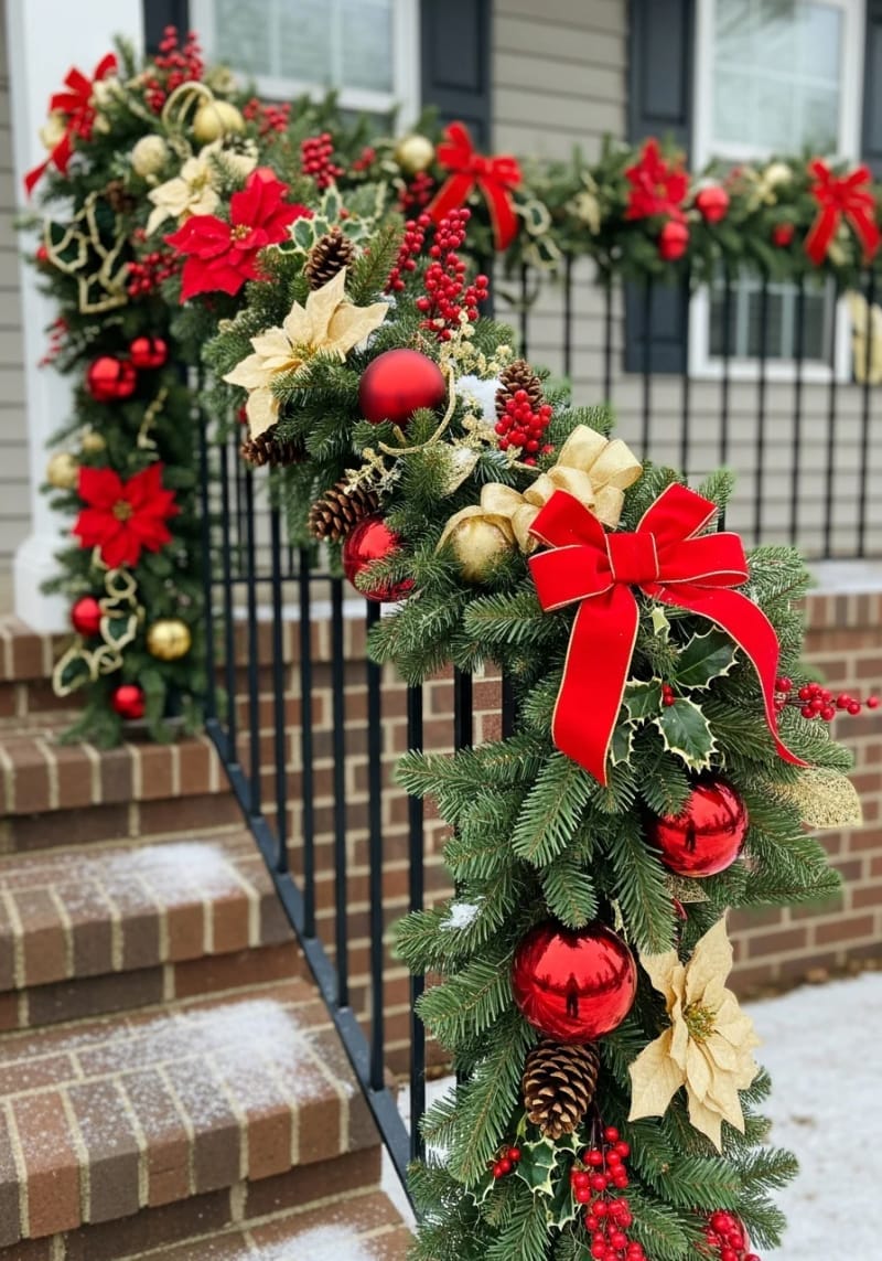 31 Outdoor Christmas Decorations: Ideas for a Magical Welcome 19 garland-wrapped railings with classic red and gold accents 1