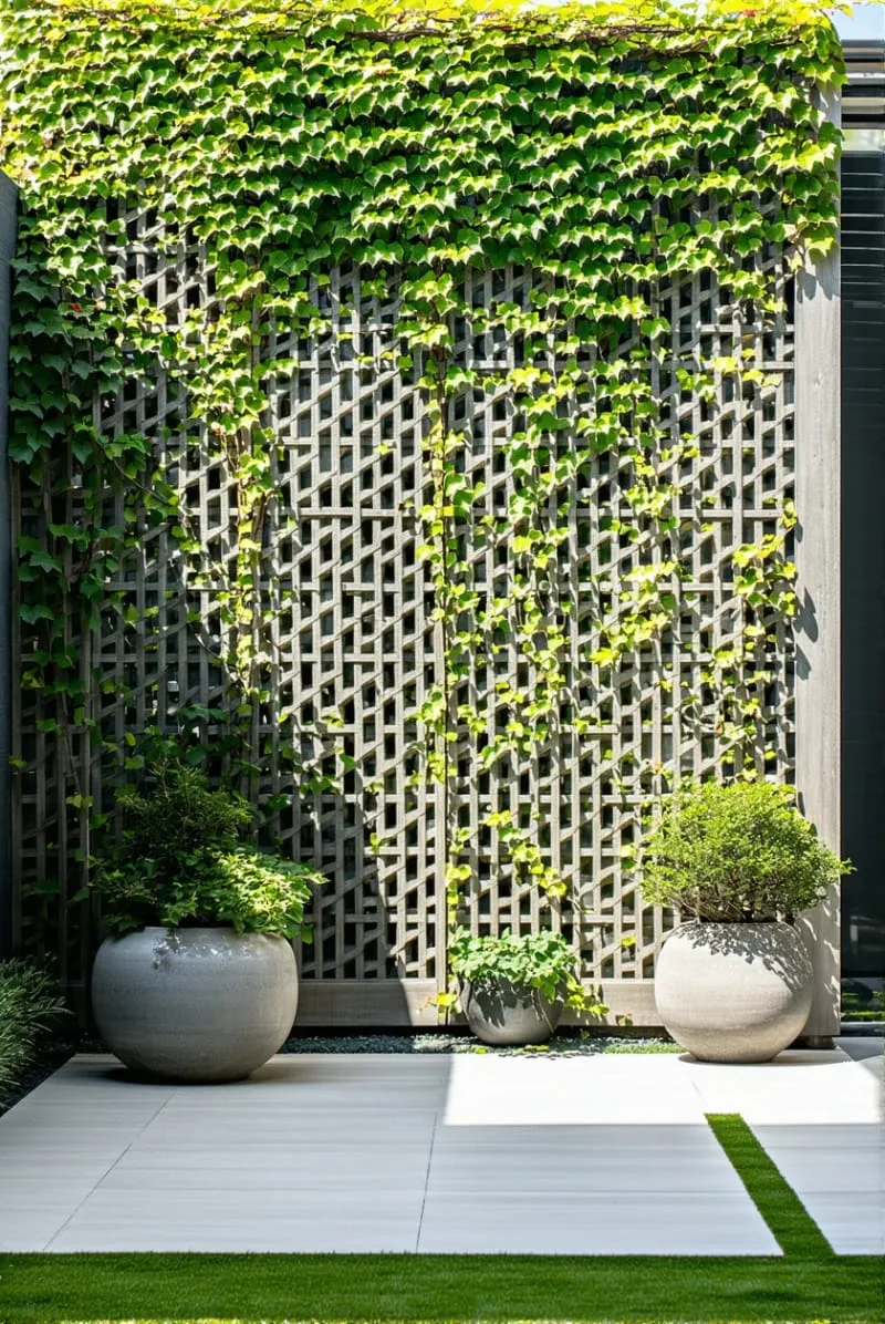 27 Unique Backyard Privacy Designs for A Serene Outdoor Oasis 39 geometric lattice fence with privacy ivy 1