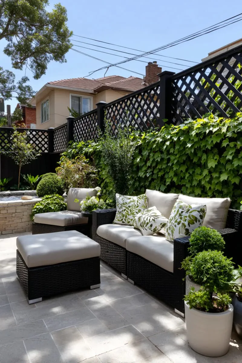 27 Unique Backyard Privacy Designs for A Serene Outdoor Oasis 40 geometric lattice fence with privacy ivy 1