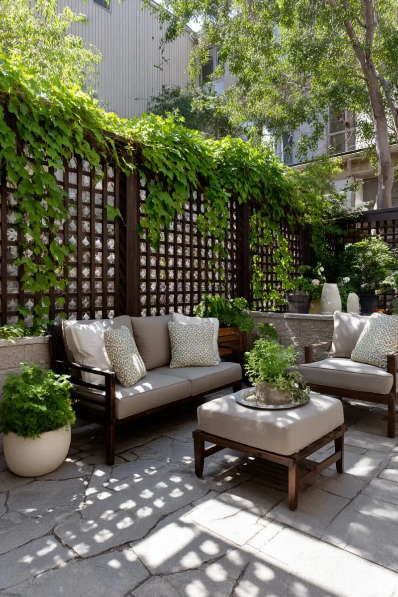 27 Unique Backyard Privacy Designs for A Serene Outdoor Oasis 41 geometric lattice fence with privacy ivy 1