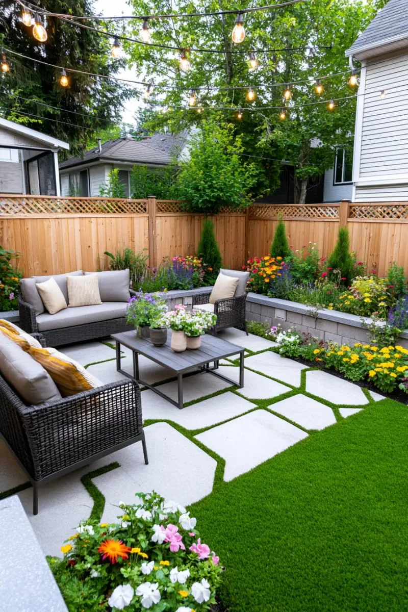27 New Small Backyard Designs to Copy For Your Outdoor Space 47 geometric patio tiles with moss accents between the stones 1