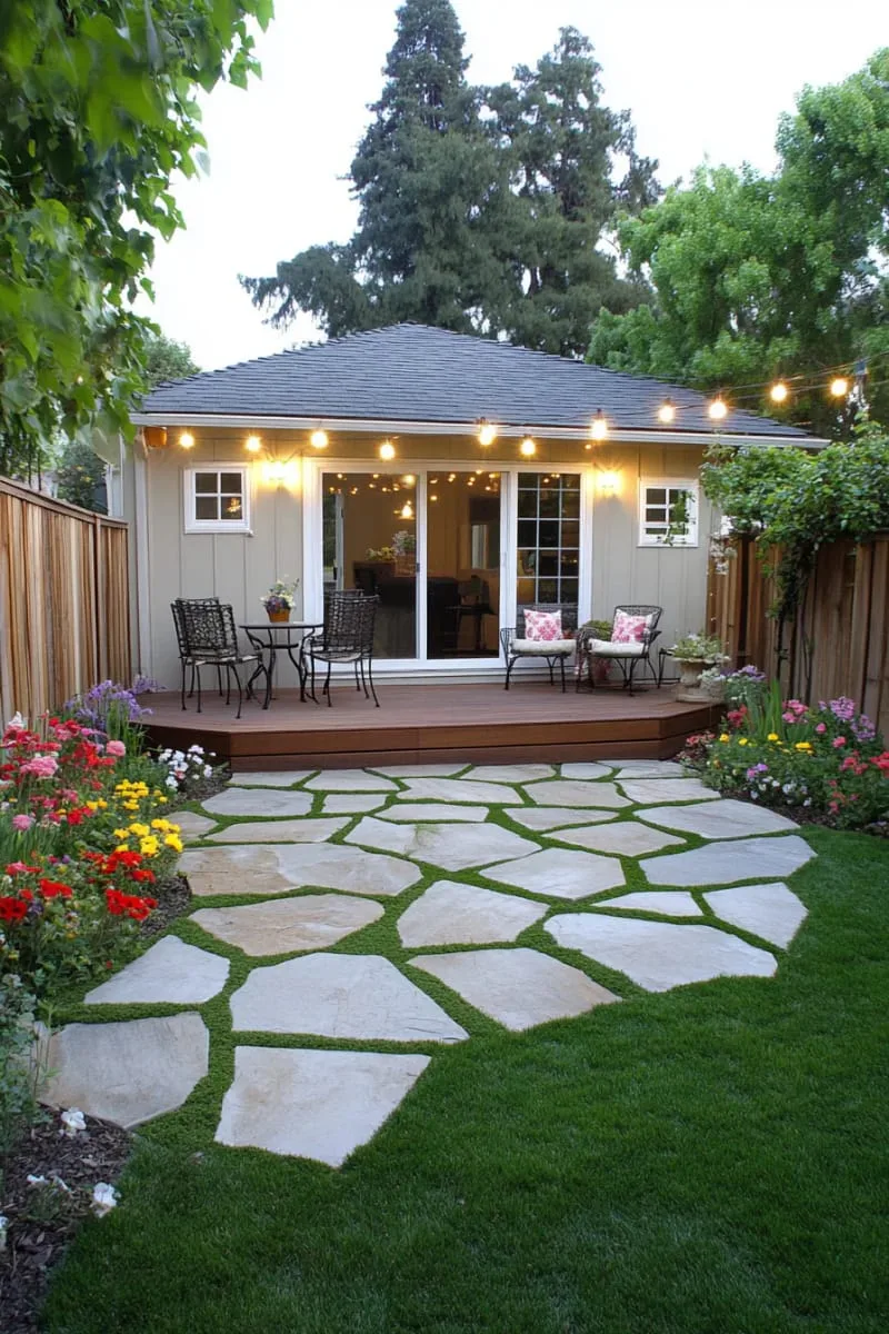 27 New Small Backyard Designs to Copy For Your Outdoor Space 48 geometric patio tiles with moss accents between the stones 1