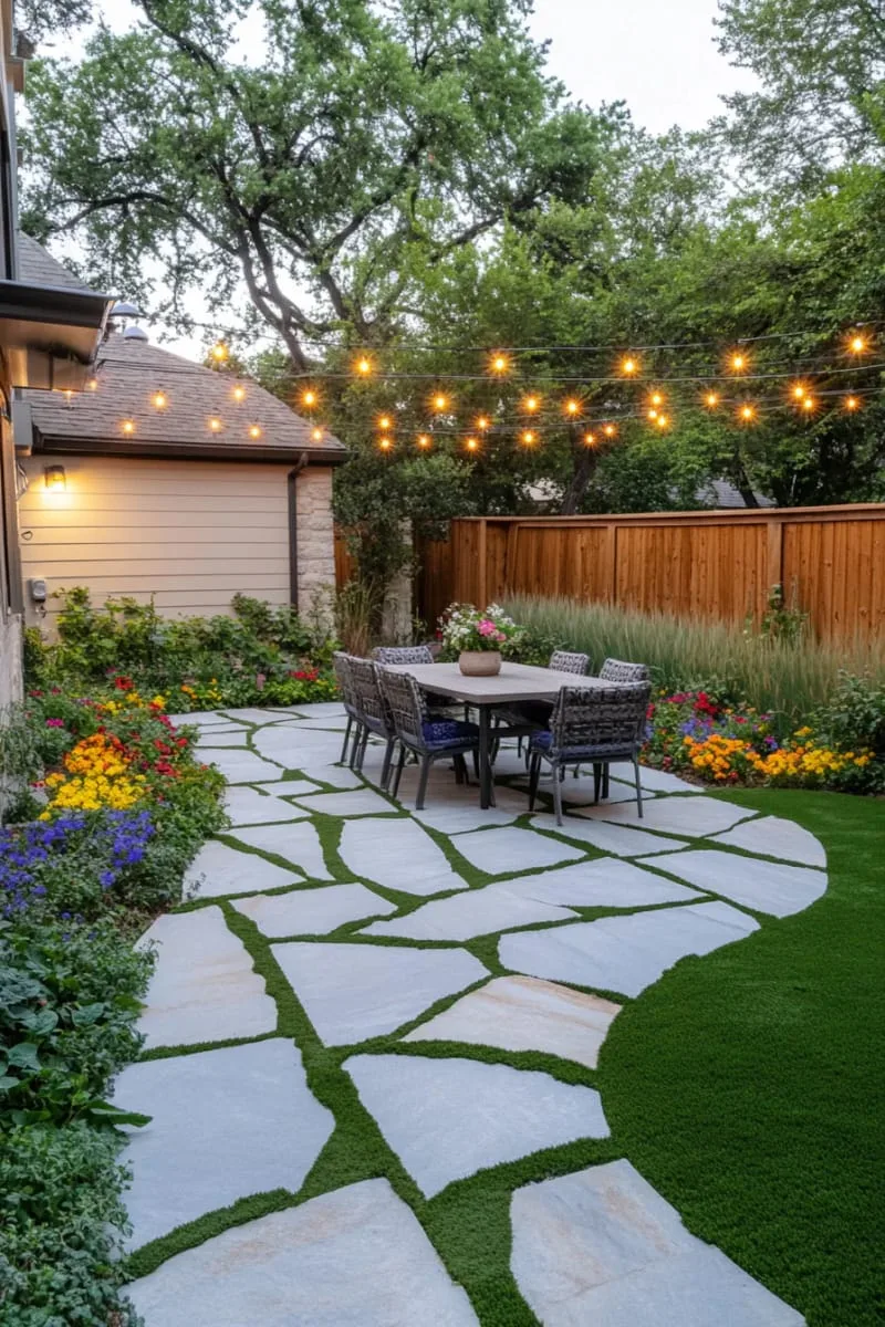 27 New Small Backyard Designs to Copy For Your Outdoor Space 49 geometric patio tiles with moss accents between the stones 1