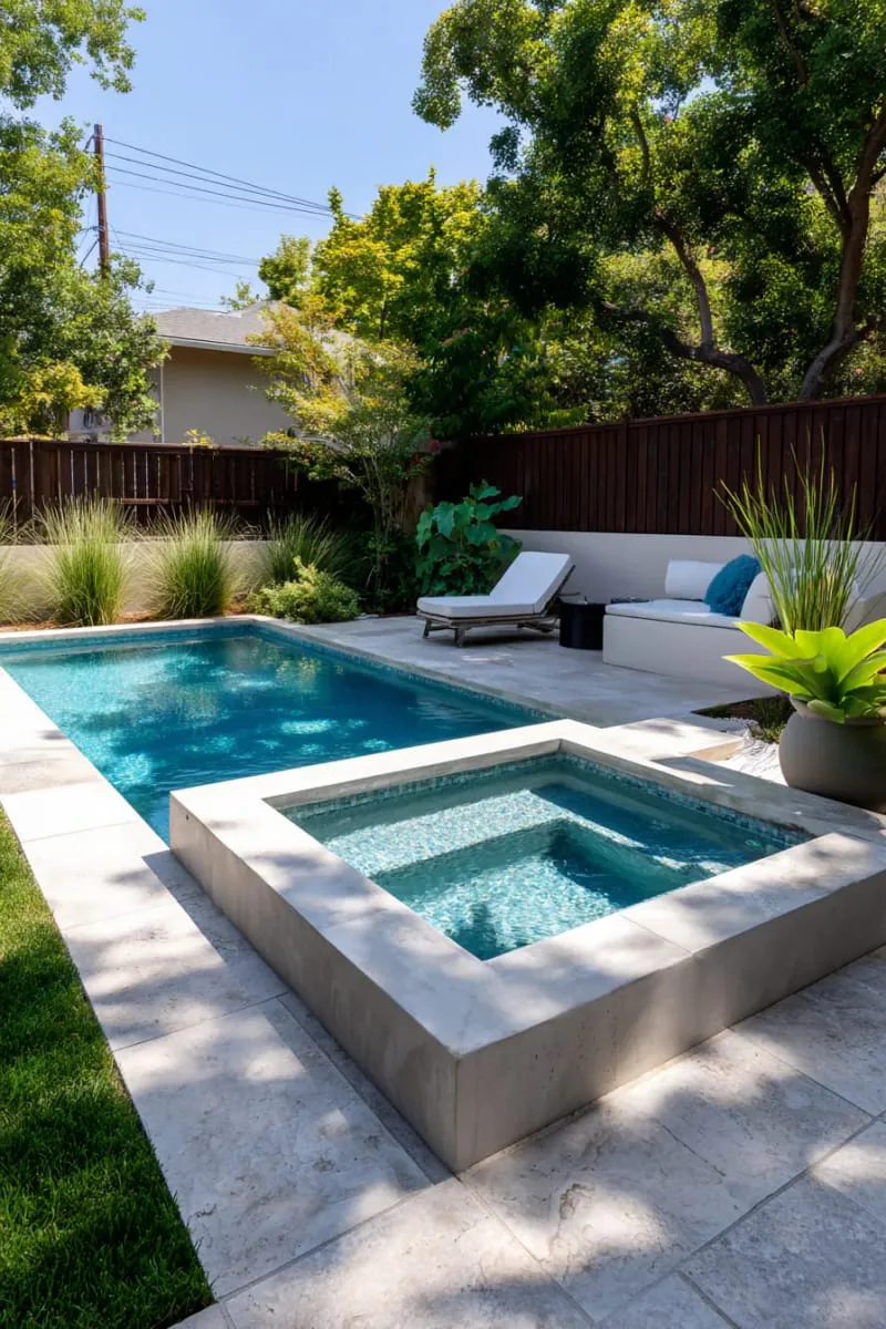 geometric plunge pool with built-in underwater bench seating 1