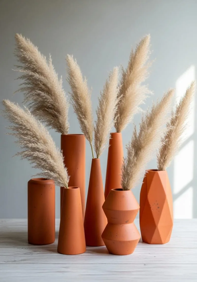 geometric terracotta vases filled with pampas grass 1