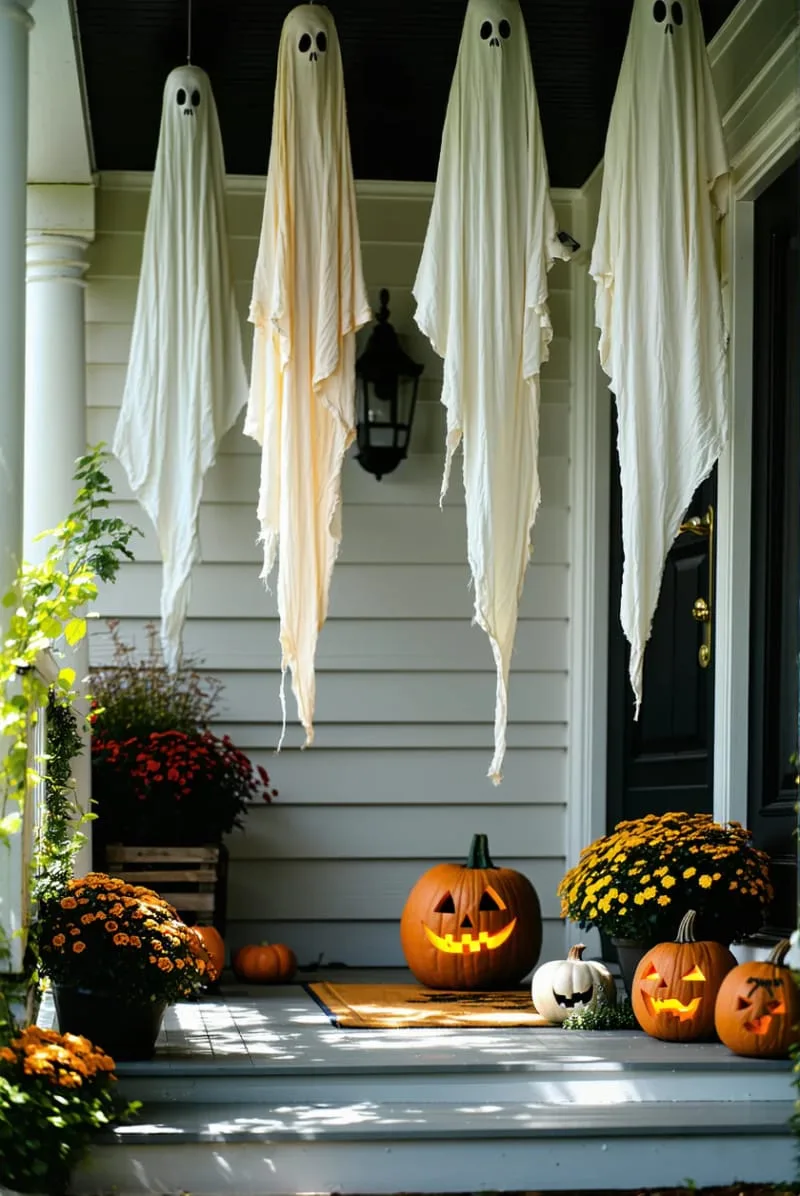 ghostly, draped cheesecloth figures suspended from ceiling 1