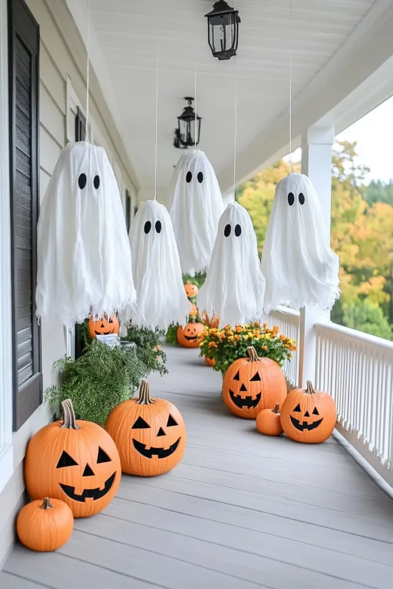 ghostly, draped cheesecloth figures suspended from ceiling 1