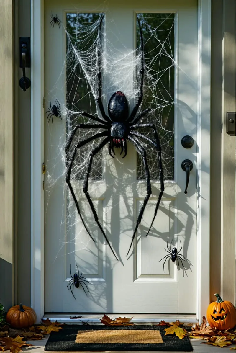 21 Creative Halloween Door Decorations: Ideas for a Festive Welcome 19 giant black spider crawling across a webbed screen door 1