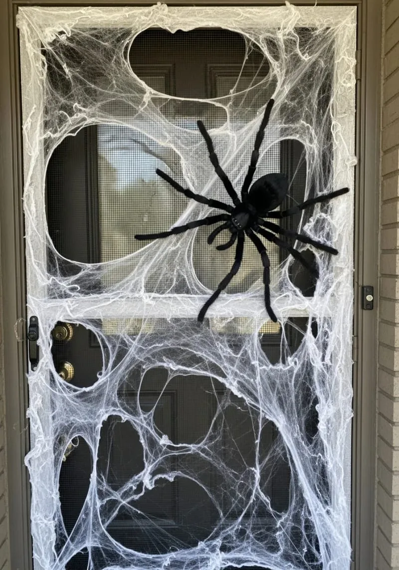 21 Creative Halloween Door Decorations: Ideas for a Festive Welcome 20 giant black spider crawling across a webbed screen door 1