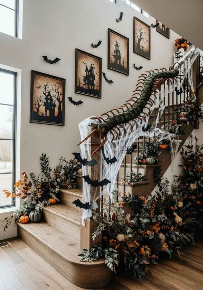giant centipede crawling across the staircase banister 1