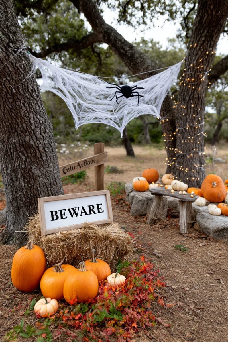 21 Unique Outdoor Halloween Decorations to Try This Year 71 giant spider web spun between trees with furry spider 1