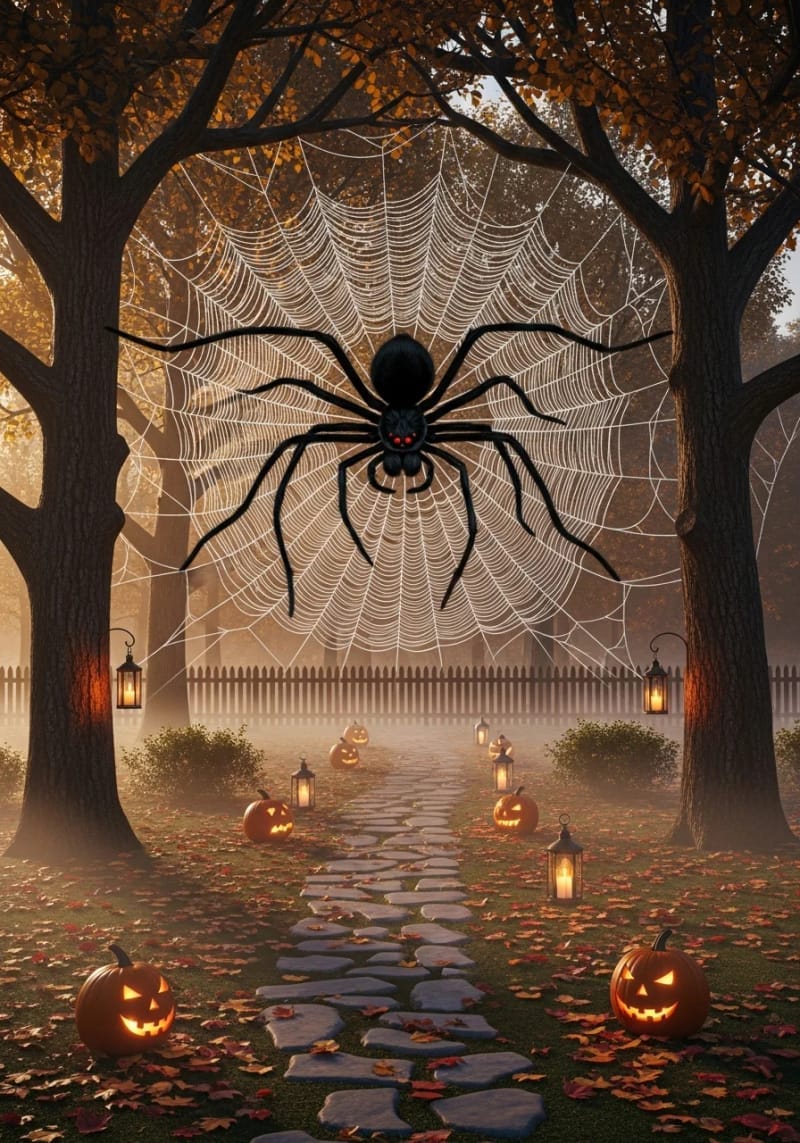 21 Unique Outdoor Halloween Decorations to Try This Year 74 giant spider web spun between trees with furry spider 1