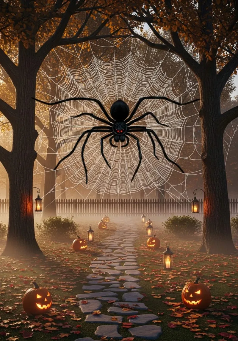 21 Unique Outdoor Halloween Decorations to Try This Year 73 giant spider web spun between trees with furry spider 1