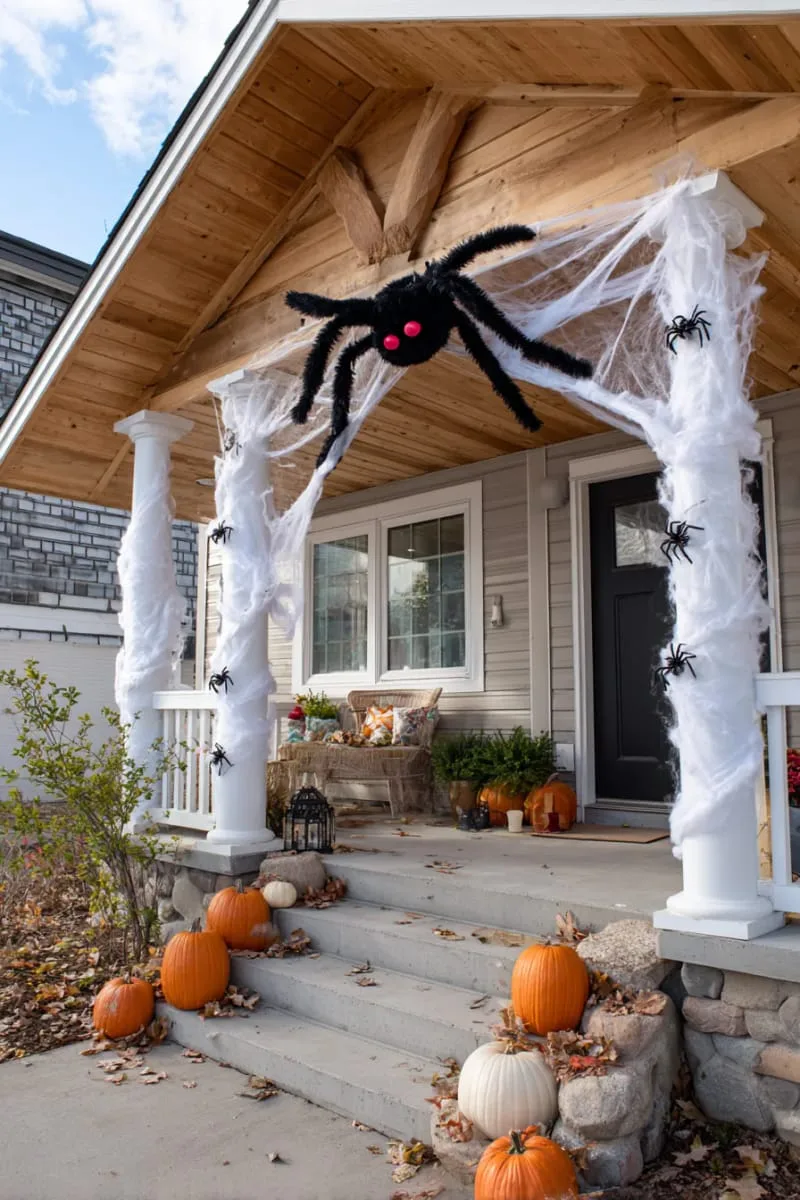 21 Halloween Porch Decorations: Ideas For A Unique Festive Entryway 19 giant spider web with oversized fuzzy spider centerpiece 1