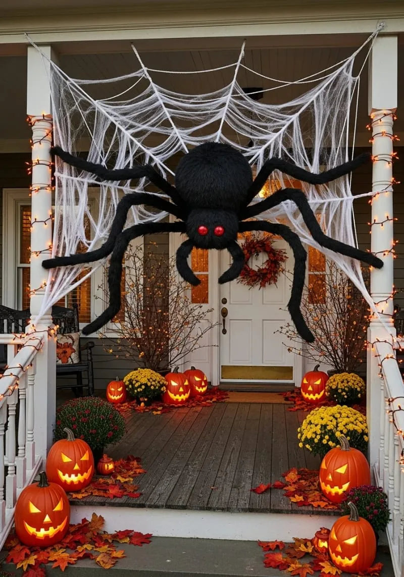 21 Halloween Porch Decorations: Ideas For A Unique Festive Entryway 15 giant spider web with oversized fuzzy spider centerpiece 1