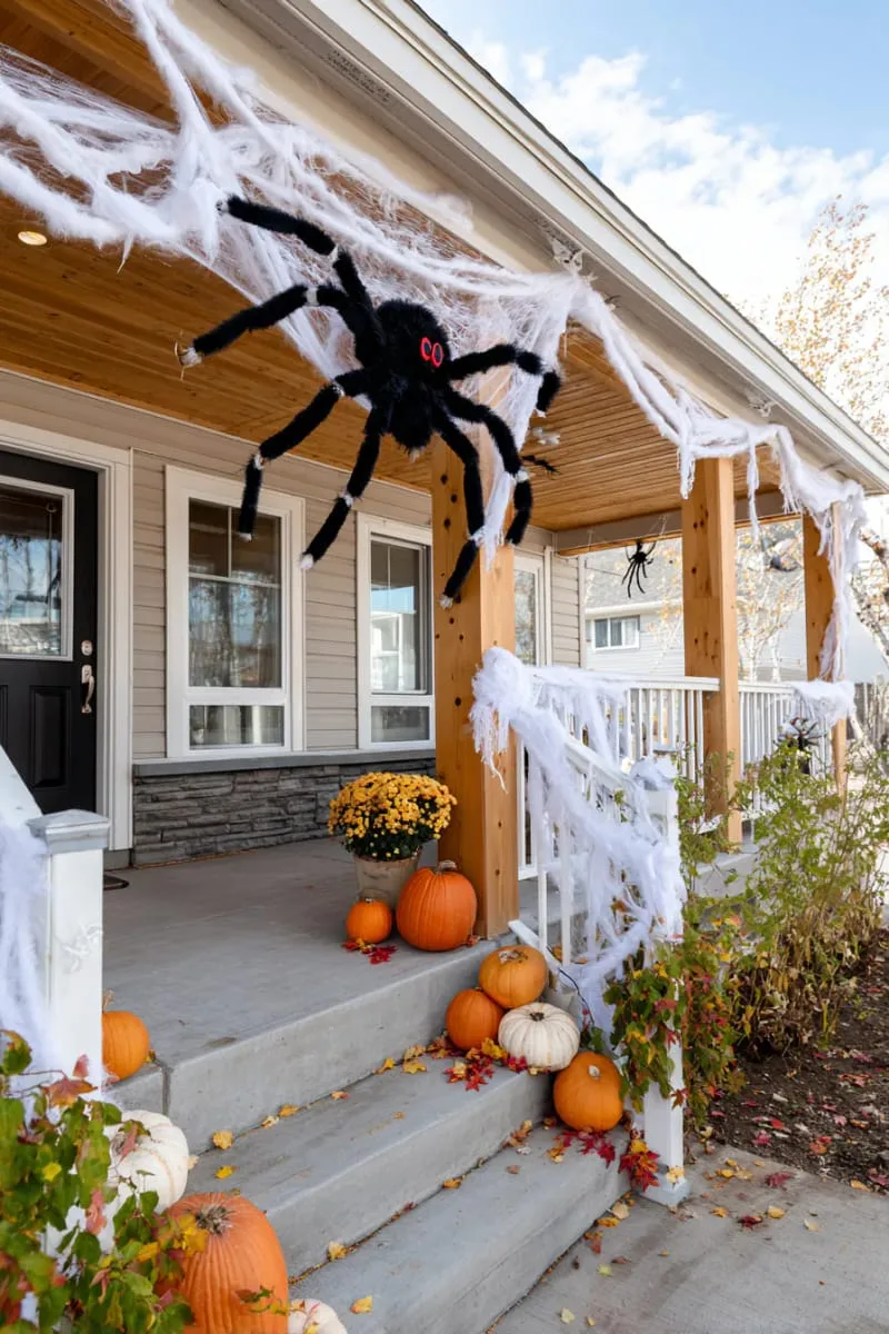 21 Halloween Porch Decorations: Ideas For A Unique Festive Entryway 16 giant spider web with oversized fuzzy spider centerpiece 1