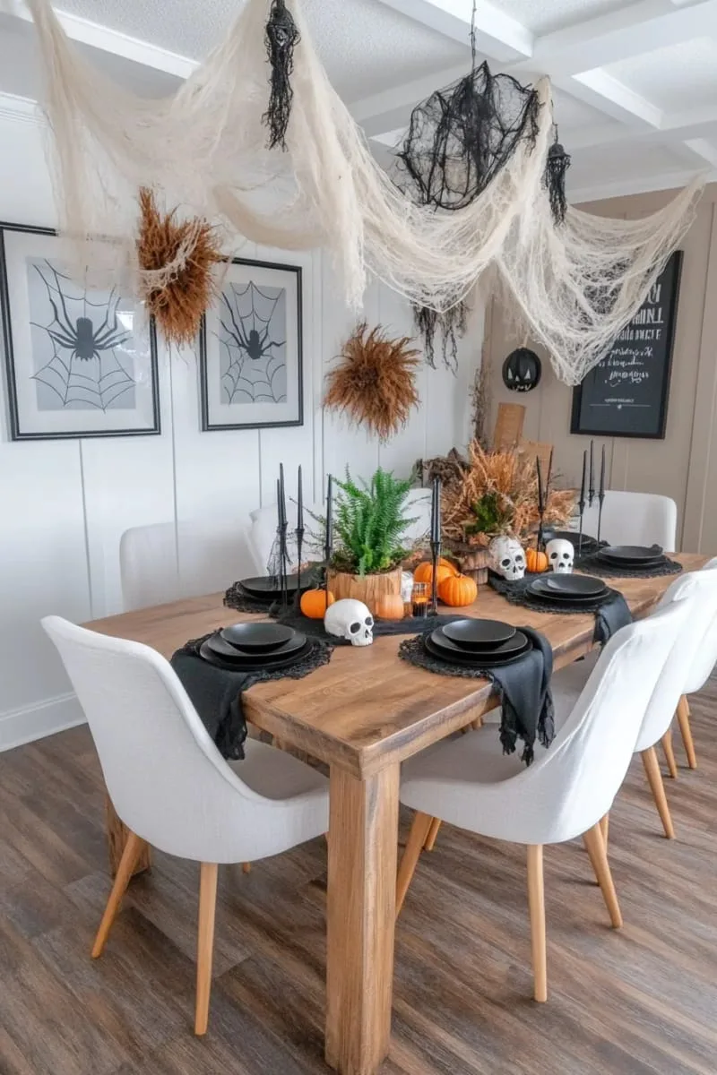 giant tattered spiderweb canopy over dining table 1