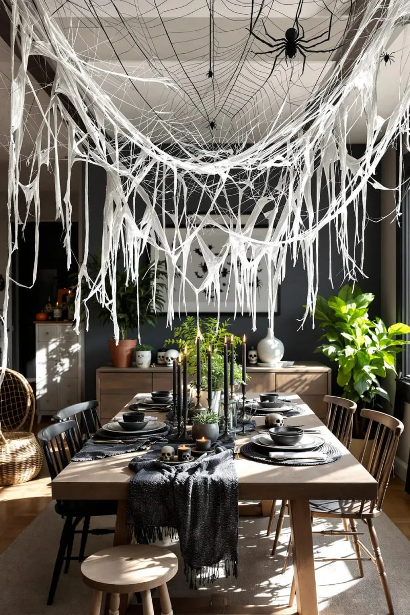 giant tattered spiderweb canopy over dining table 1